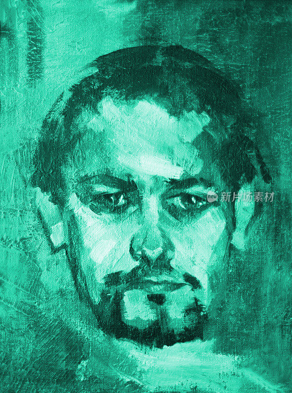 插画油画肖像的一个年轻男子与黑色的头发和胡子在一个明亮的抽象背景在绿色的颜色