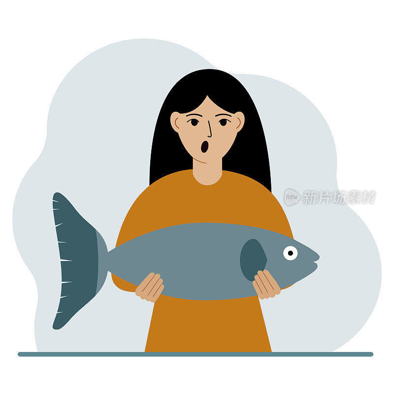 一个女渔夫抱着一条大鱼，为自己钓得好或打猎得好而自豪。爱好,钓鱼的概念。