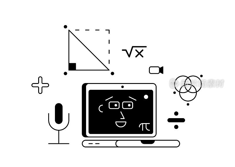 在线教育矢量插图。摄像头，麦克风，还有电脑周围的数学符号。笔记本电脑屏幕上戴着眼镜的笑脸。