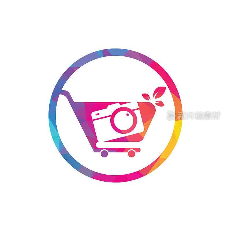 相机商店Logo矢量图标。购物车与相机镜头标志设计