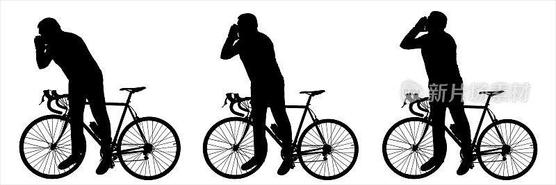 骑自行车的人一只手抓住自行车的把手，另一只手放在脸附近，呼救，对着远处大喊，身体向前弯。侧视图,概要文件。