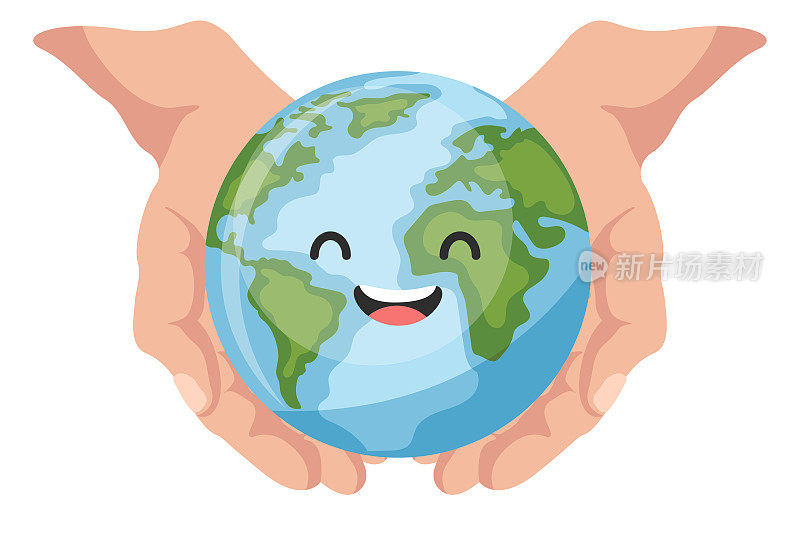 为地球日，全国防污染日，世界环境日，张开双手，捧着地球快乐漫画。预防环境污染，关爱地球的理念