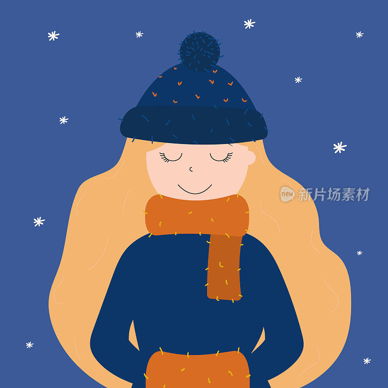迷人的女孩在冬天的衣服。矢量插图。