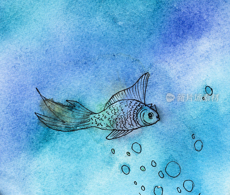 一条鱼，在蓝色的大海背景上。水彩手绘插图