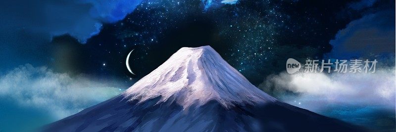 风景宽尺寸插图美丽的白雪覆盖的富士山，极光般的云海和星空