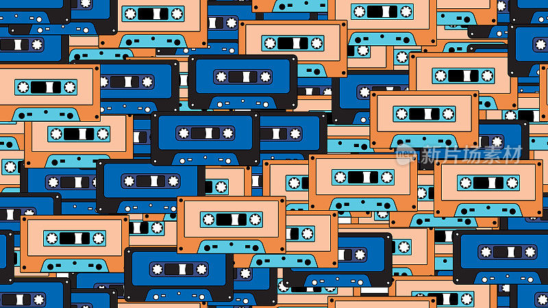 无缝模式无穷无尽的音乐音频磁带老复古复古潮人从70年代，80年代，90年代隔离在白色背景上。矢量图