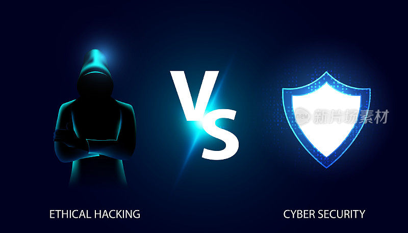 摘要网状黑客和盾牌网络安全概念对比道德黑客道德攻击白帽黑客和系统上美丽的蓝色背景数字未来现代