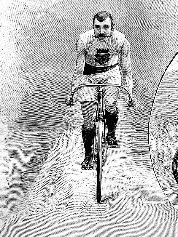 著名的自行车手:亚瑟・海曼，坐在他的赛车上，前视图