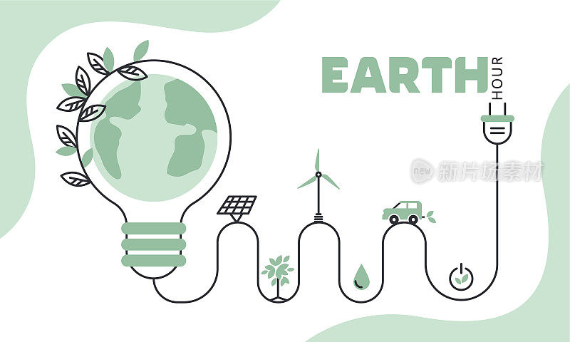 绿色能源理念，环境管理。地球一小时。拯救地球。地球，带插头的灯泡，替代能源的使用。矢量平线图