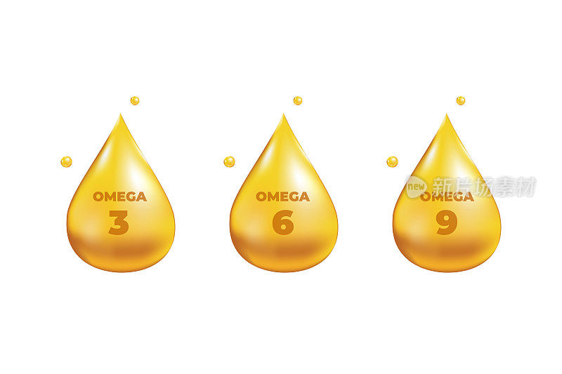 欧米加3,6,9酸滴金色图标。多不饱和脂肪。营养护肤设计及美容护理。矢量插图。