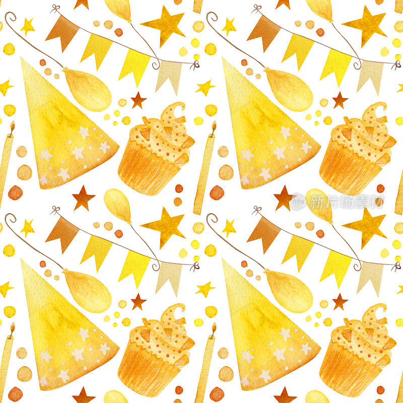 水彩生日图案，节日派对帽子，纸杯蛋糕，花环，蜡烛，星星和白色背景上的点。黄色无缝图案，适用于各种产品。
