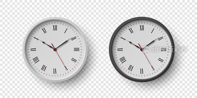 矢量3d圆形墙办公室时钟与白色时钟拨号设置特写隔离。采购产品手表，设计模板，模型为品牌，广告。矢量简单的极简主义时钟，手表在前视图