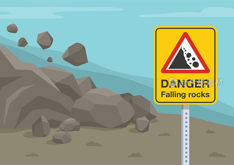 山体滑坡和岩石落在山路上。“落石”警告标志的特写镜头。