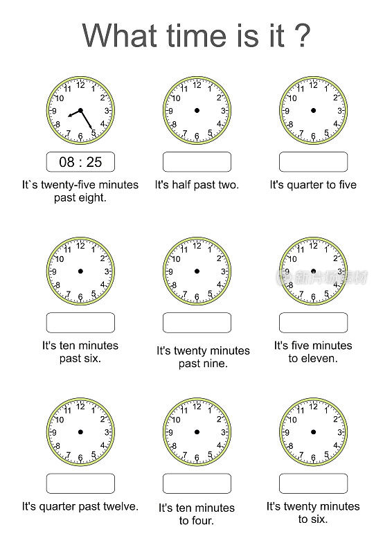 儿童时钟时间学习活动练习册:用画时钟指针和写数字时间练习用英语说时间