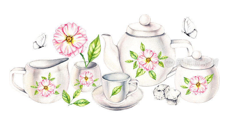 水彩画组成的瓷盘、鲜花、花束、蝴蝶上白