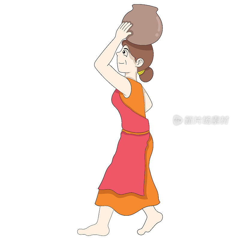 一个传统的乡村女孩头顶着一个桶走在路上