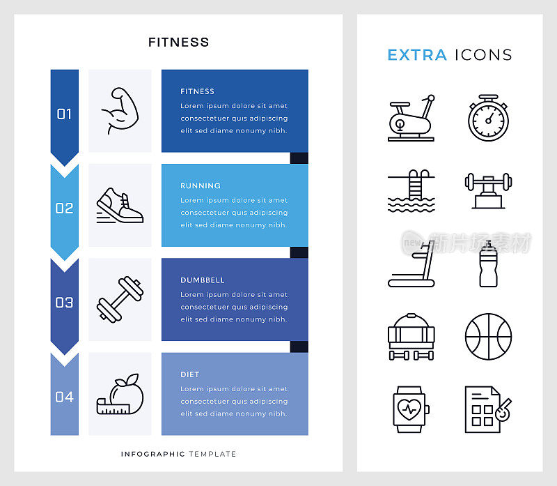 健身信息图表模板和线条图标。