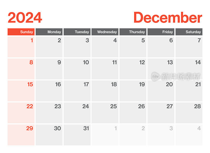 2024年12月-日历计划器。极简风格的景观水平日历2024年。向量模板。一周从周日开始