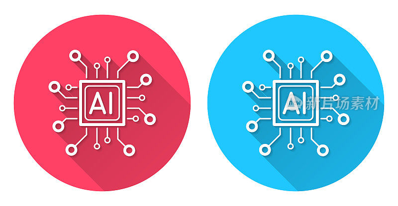人工智能处理器。圆形图标与长阴影在红色或蓝色的背景