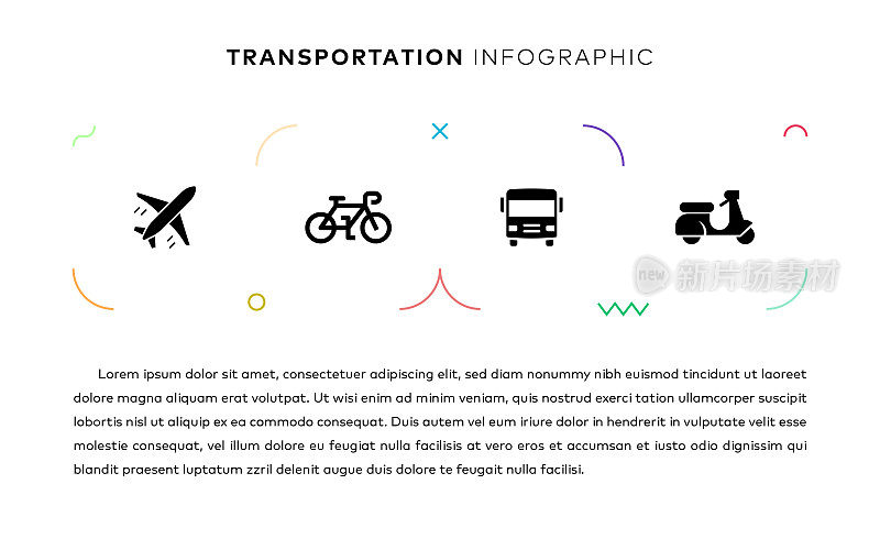 交通概念信息图设计与简单的固体图标。这种信息图表设计适用于网站、演示文稿、杂志和小册子。