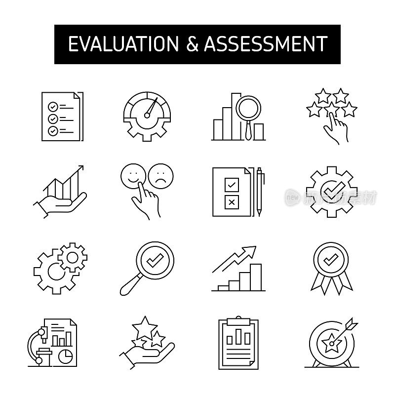 评估和评估线图标集。商业，审查，透明度，评级。