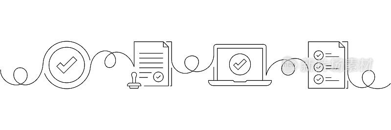 连续的单线绘图复选标记和批准的图标概念。单线矢量插图。