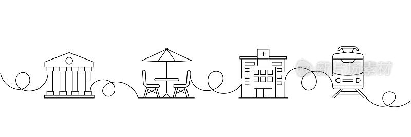 连续的一条线绘制城市生活元素图标概念。单线矢量插图。博物馆、咖啡馆、医院、火车。