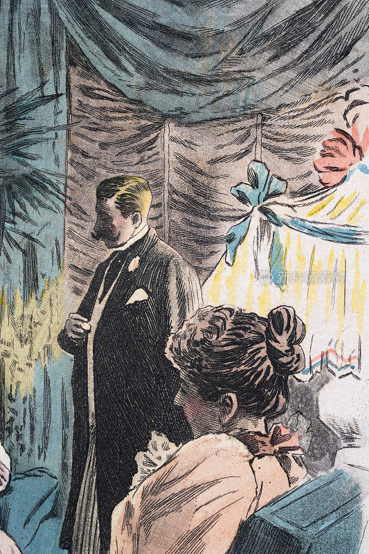 一个男人和一个女人在维多利亚的晚会上的细节，法国，19世纪