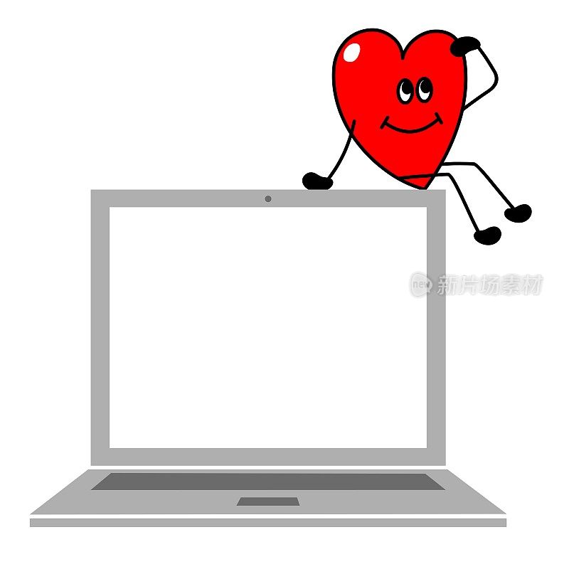 有趣的心形人物坐在笔记本电脑上。平面设计孤立在白色背景上。介绍笔记本电脑，销售，情人节促销活动。