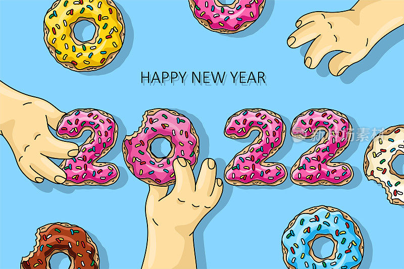 甜甜圈的甜蜜新年2022，男人拿着粉色、柠檬、蓝色薄荷釉的卡通甜甜圈，蓝色背景上有巧克力甜甜圈。题词新年快乐。贺卡