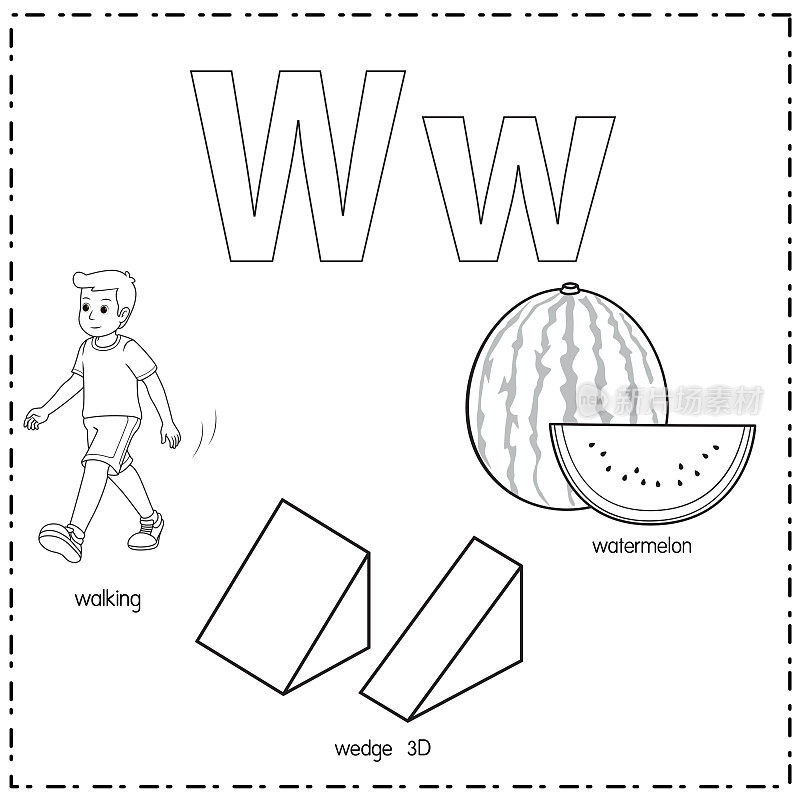 向量插图学习字母W的小写和大写的儿童与3卡通图像。行走楔形3D西瓜。