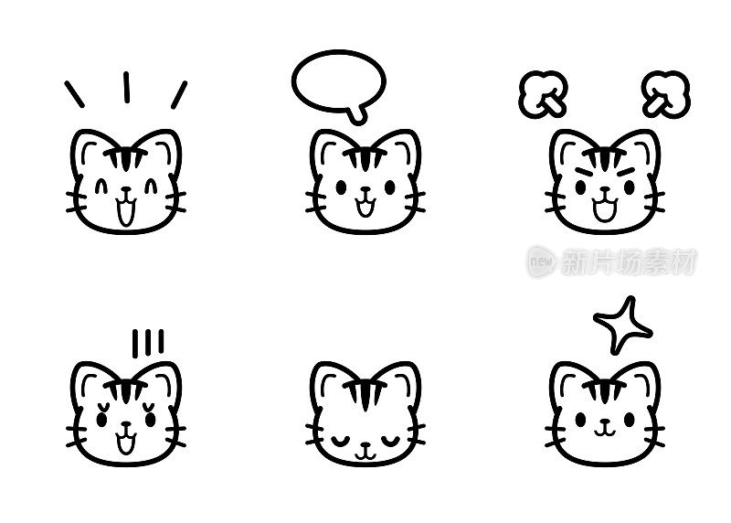 可爱的小猫咪图标集与六个面部表情在黑白