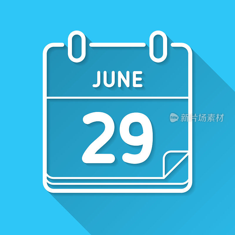 6月29日。蓝色背景上的图标-长阴影平面设计