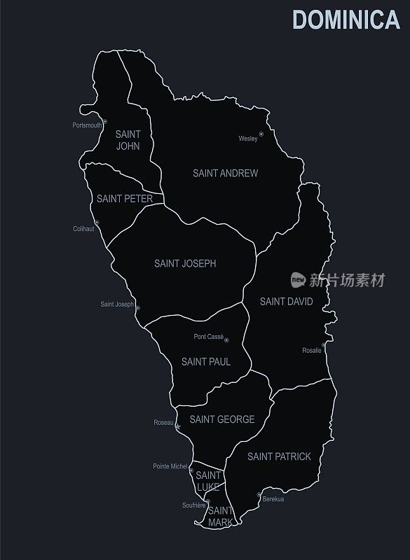 多米尼加的平面地图，以黑色为背景的城市和地区