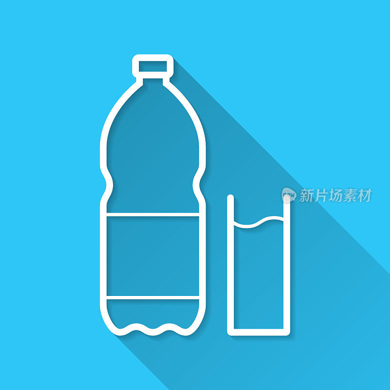 一瓶和一杯苏打水。图标在蓝色背景-平面设计与长阴影