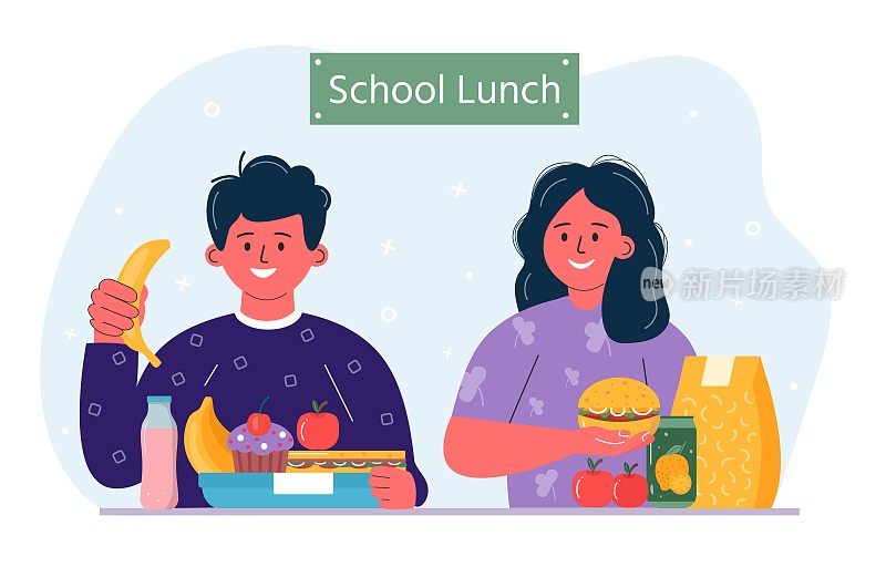 男孩和女孩在吃早餐或午餐。孩子们，人们吃，喝各种各样的食物，饮料。儿童学校午餐盒装正餐、汉堡、三明治、果汁、零食、水果、蔬菜。向量