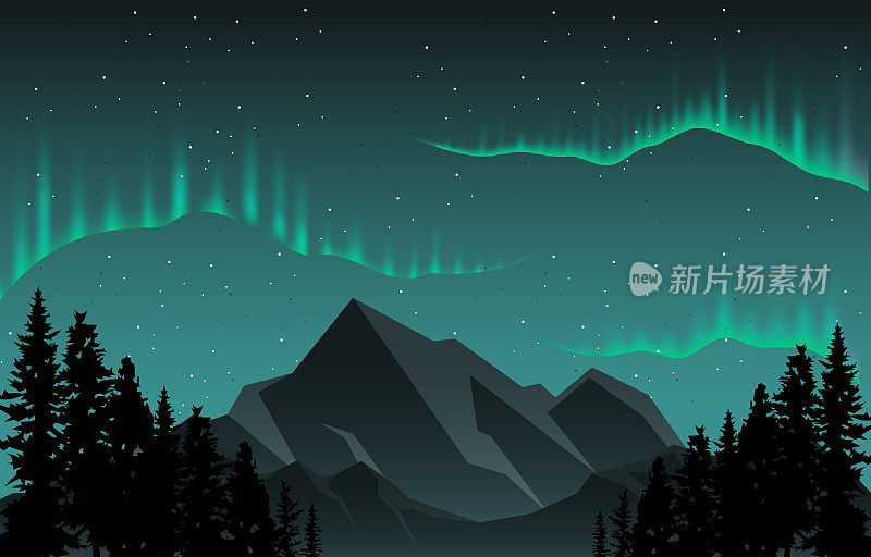 彩色北极光天空松山冒险极地景观插图