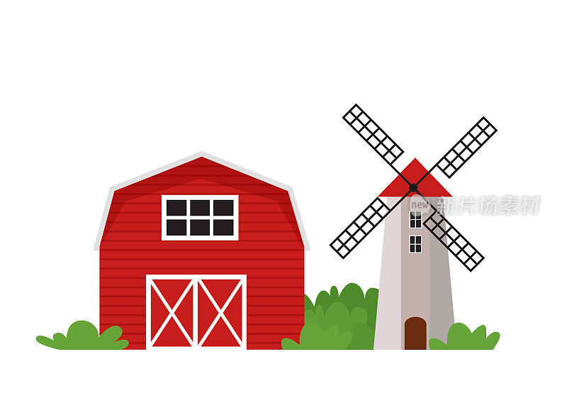 农场和风车在平面风格孤立在白色背景