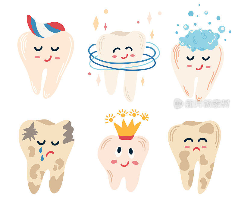 牙套。用牙膏、泡沫、牙冠和蛀牙清洁牙齿。可爱的牙齿卡通人物。口腔卫生，清洁牙齿。牙科概念为您的设计。手绘插图