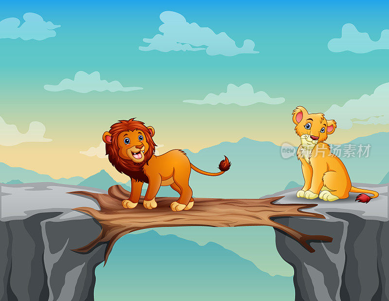 卡通两只狮子轮流穿过一座木桥上的悬崖