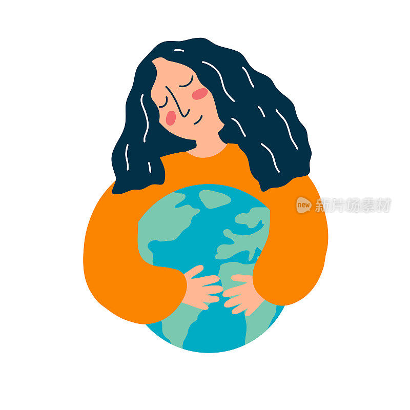 年轻女子拥抱地球的矢量插图在卡通平面风格。25、保护地球的理念，拯救生态环境