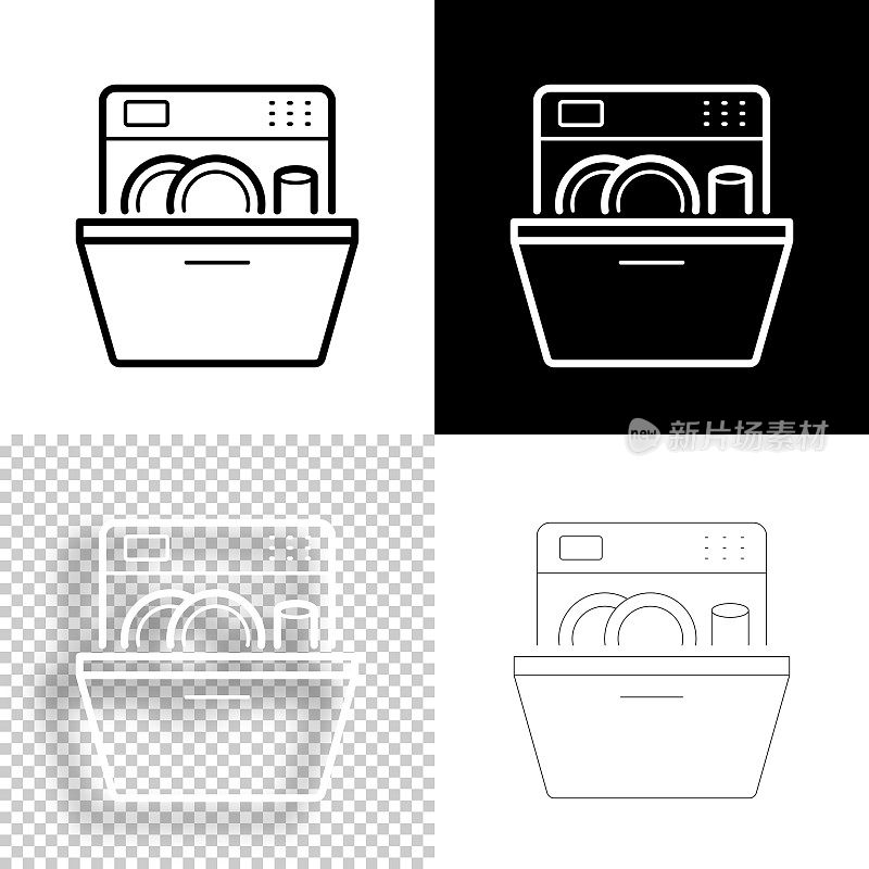 洗碗机。图标设计。空白，白色和黑色背景-线图标