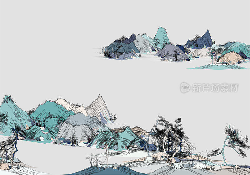 彩色中国山水画，自然山水画