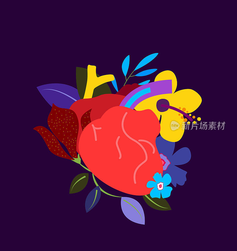 美丽的花健康的心脏。血管系统的花。花的内部人体器官。解剖心脏瓣膜,静脉。心脏病医学，海报，横幅，心脏研究诊所。矢量图