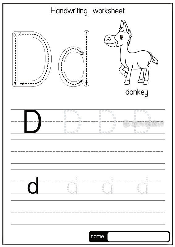 黑白矢量插图驴子与字母D大写字母或大写字母为儿童学习实践ABC