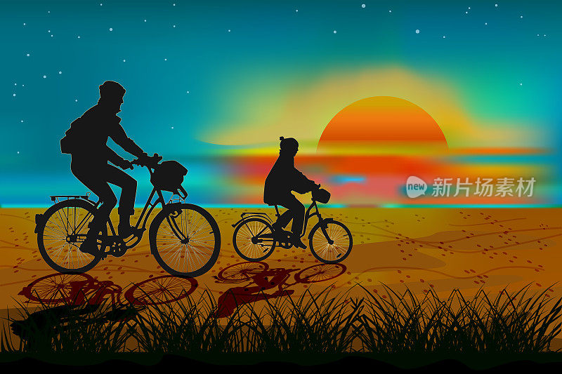 日落时分的自行车之旅。夕阳下的沙滩上，父亲和孩子骑着自行车的剪影。