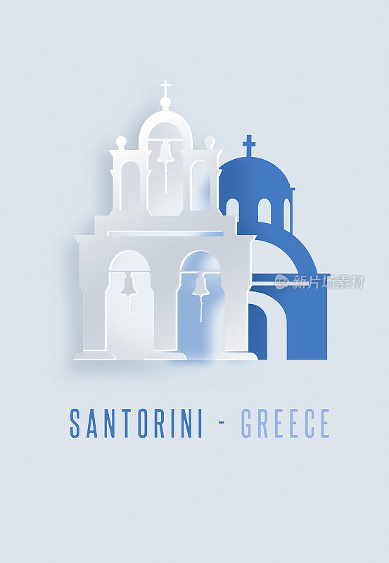 圣托里尼钟塔和希腊伊亚的蓝色圆顶在平面设计上的插图