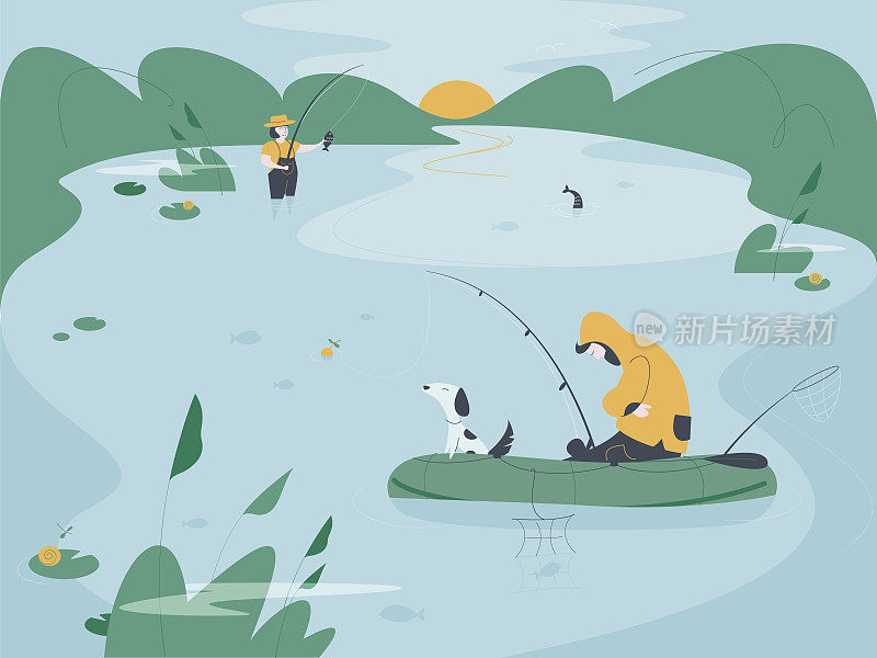 一对渔民带着一只狗在船上在湖或河上钓鱼。