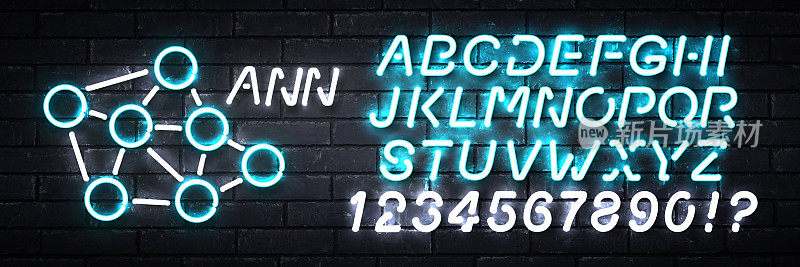 向量现实孤立的霓虹灯标志神经网络标志与易于改变颜色字母字体在墙壁背景。