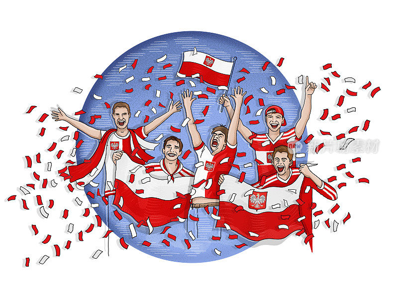 五名波兰球迷举着波兰国旗庆祝